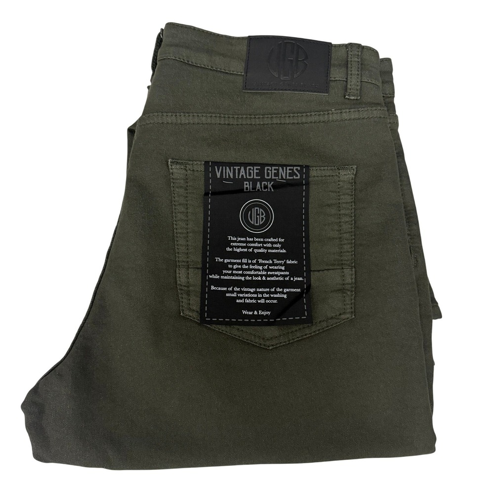 VGB Vintage Genes Black Men's Denim Jean Green Olíve 36W X 32L Slim Fit Stretch